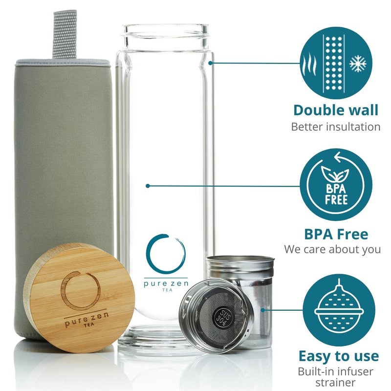 Pure Zen Tea Infuser Bottle - Insulated Glass Bottle for Loose Leaf Infusions - Tea Tumbler with Infuser - Portable Travel Mug for Infused Water - Thermos with Diffuser on the Go - 15 oz - Image 3